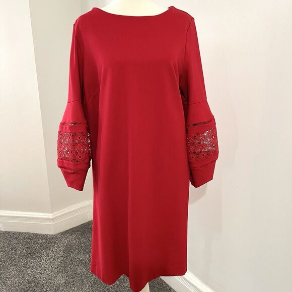 Chicos Eyelet Balloon Sleeve Ponte Dress Womens Size 12 Zip Back Stretch Poppy - Picture 1 of 11